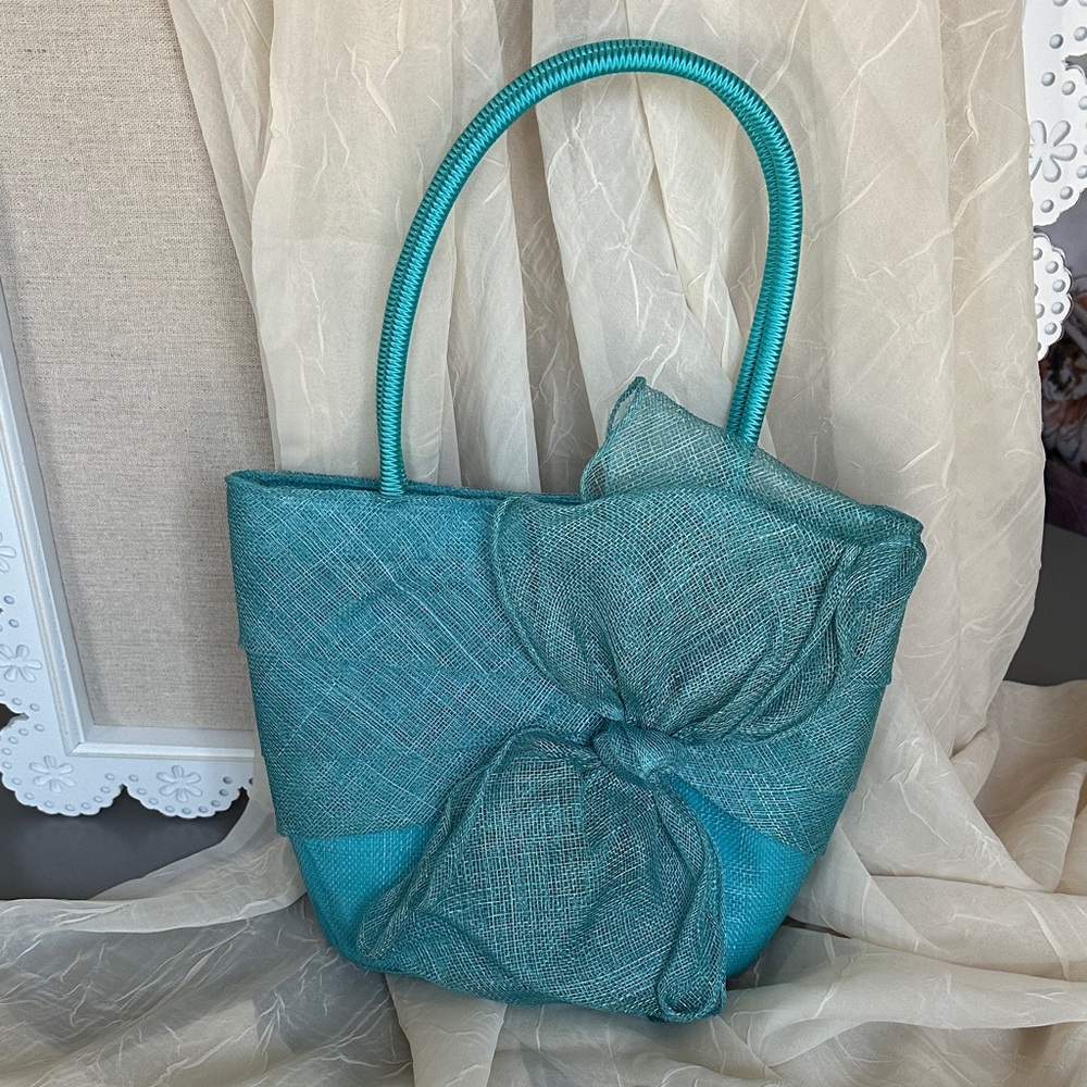 Raffia Bow Teal Accent Tote Bag